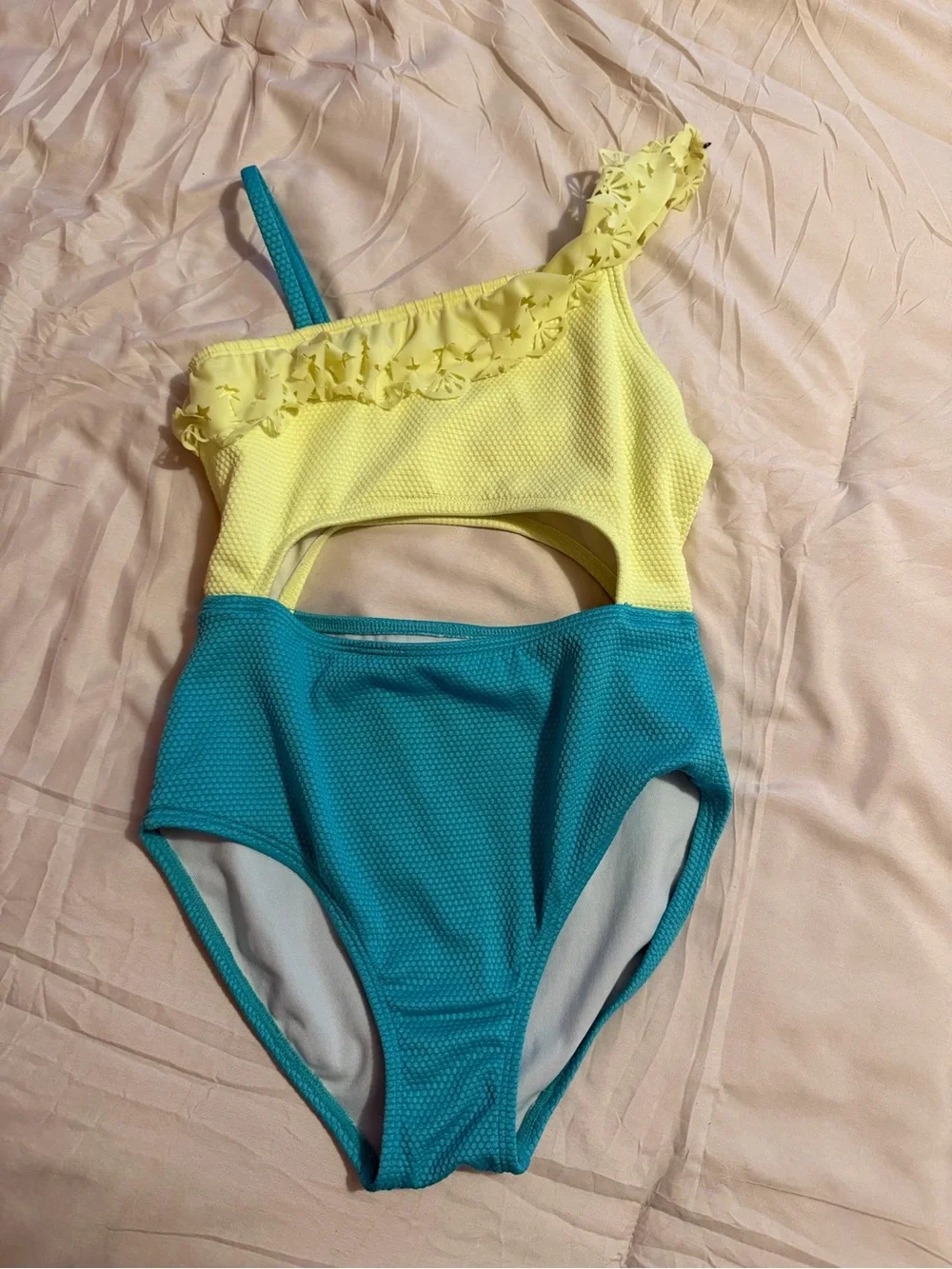 Cat & Jack Yellow and Teal One-Shoulder Kids Swim Suit